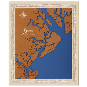 Bluffton, South Carolina Stained Wood and Distressed White Frame Lake Map Silhouette