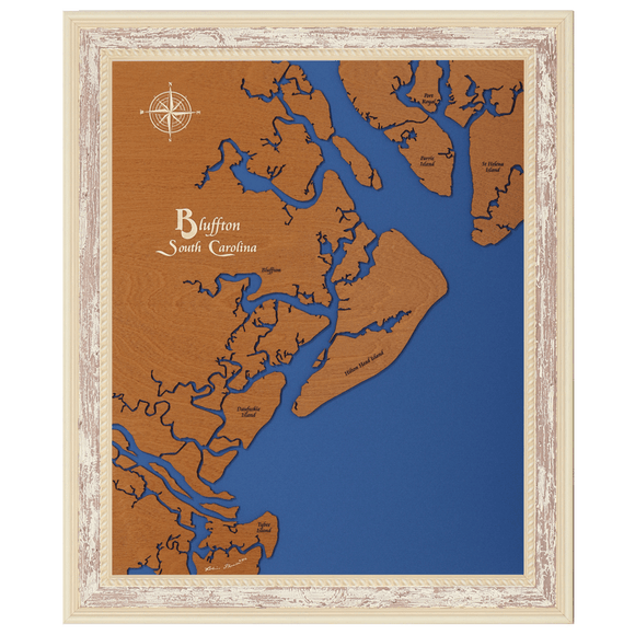 Bluffton, South Carolina Stained Wood and Distressed White Frame Lake Map Silhouette