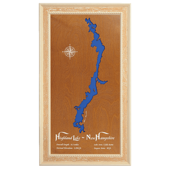 Highland Lake, New Hampshire Stained Wood and Distressed White Frame Lake Map Silhouette