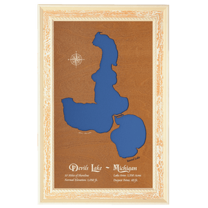 Devils Lake, Michigan Stained Wood and Distressed White Frame Lake Map Silhouette