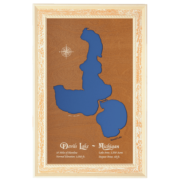 Devils Lake, Michigan Stained Wood and Distressed White Frame Lake Map Silhouette