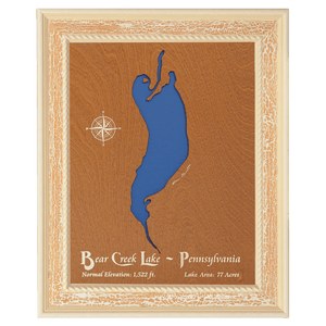 Bear Creek Lake, Pennsylvania Stained Wood and Distressed White Frame Lake Map Silhouette