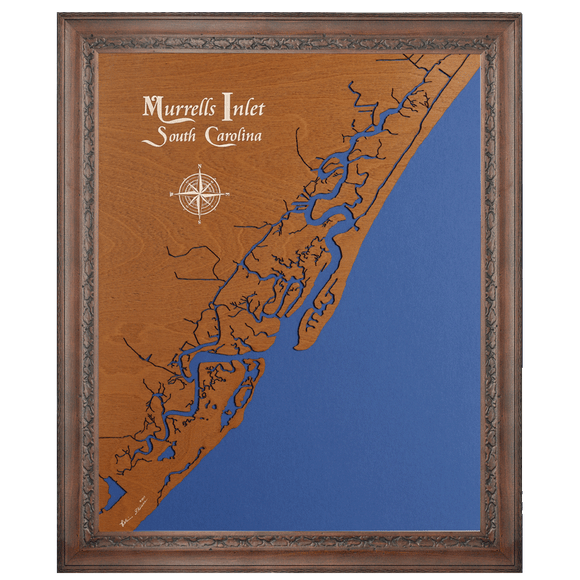 Murrells Inlet, South Carolina Stained Wood and Dark Walnut Frame Lake Map Silhouette