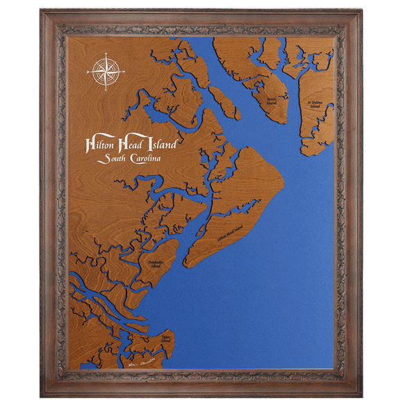 Hilton Head Island, South Carolina Stained Wood and Distressed White Frame Lake Map Silhouette