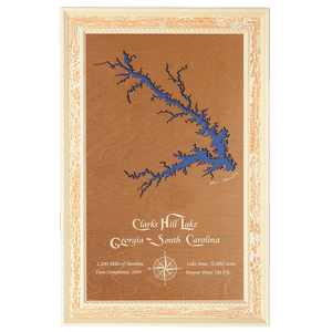 Clarks Hill Lake, Georgia and South Carolina Stained Wood and Distressed White Frame Lake Map Silhouette