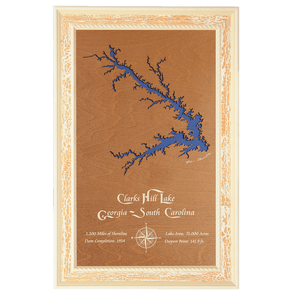 Clarks Hill Lake, Georgia and South Carolina Stained Wood and Distressed White Frame Lake Map Silhouette