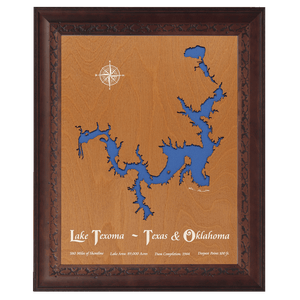 Lake Texoma, Texas and Oklahoma Stained Wood and Dark Walnut Frame Lake Map Silhouette