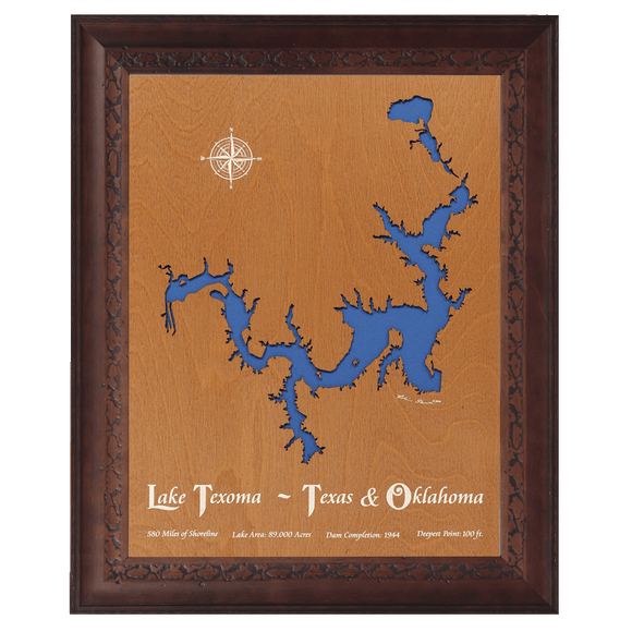 Lake Texoma, Texas and Oklahoma Stained Wood and Dark Walnut Frame Lake Map Silhouette