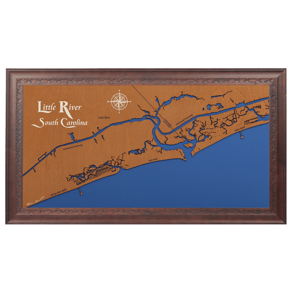 Little River, South Carolina Stained Wood and Dark Walnut Frame Lake Map Silhouette