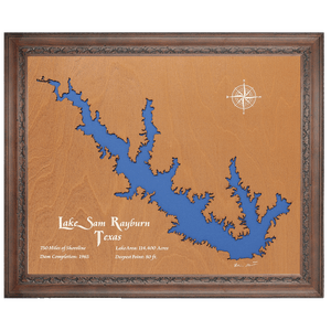 Lake Sam Rayburn, Texas Stained Wood and Dark Walnut Frame Lake Map Silhouette