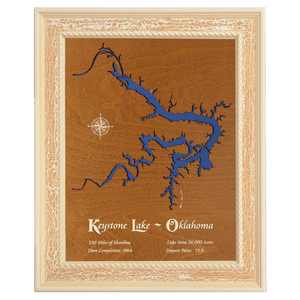 Keystone Lake, Oklahoma Stained Wood and Distressed White Frame Lake Map Silhouette