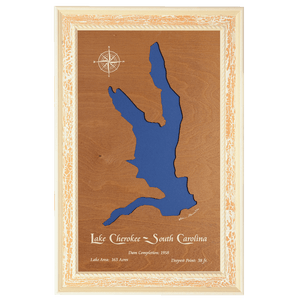 Lake Cherokee, South Carolina Stained Wood and Distressed White Frame Lake Map Silhouette