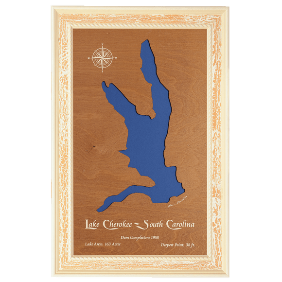Lake Cherokee, South Carolina Stained Wood and Distressed White Frame Lake Map Silhouette