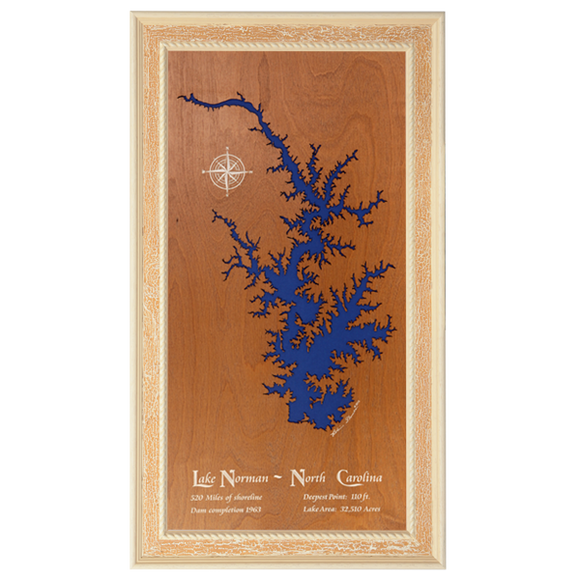Lake Norman, North Carolina Stained Wood and Distressed White Frame Lake Map Silhouette
