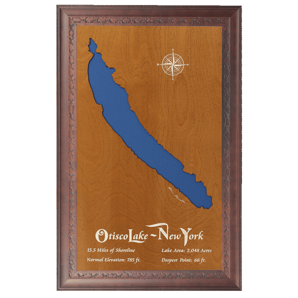 Otisco Lake, New York Stained Wood and Dark Walnut Frame Lake Map Silhouette