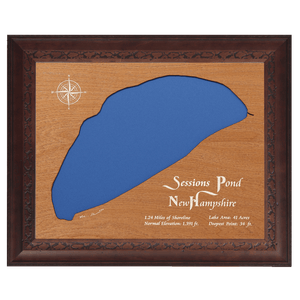 Sessions Pond, New Hampshire Stained Wood and Dark Walnut Frame Lake Map Silhouette