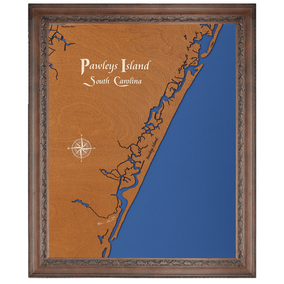 Pawleys Island, South Carolina Stained Wood and Dark Walnut Frame Lake Map Silhouette