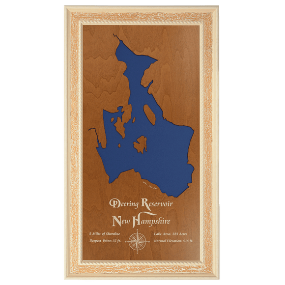 Deering Reservoir, New Hampshire Stained Wood and Distressed White Frame Lake Map Silhouette