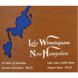 Lake Winnisquam, New Hampshire Stained Wood and Dark Walnut Frame Lake Map Silhouette