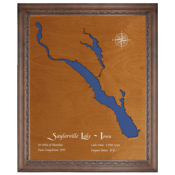Saylorville Lake, Iowa Stained Wood and Dark Walnut Frame Lake Map Silhouette