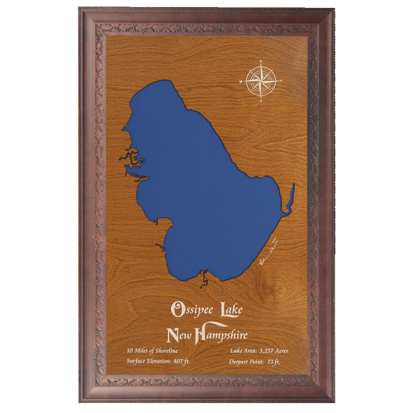 Ossipee Lake, New Hampshire Stained Wood and Dark Walnut Frame Lake Map Silhouette