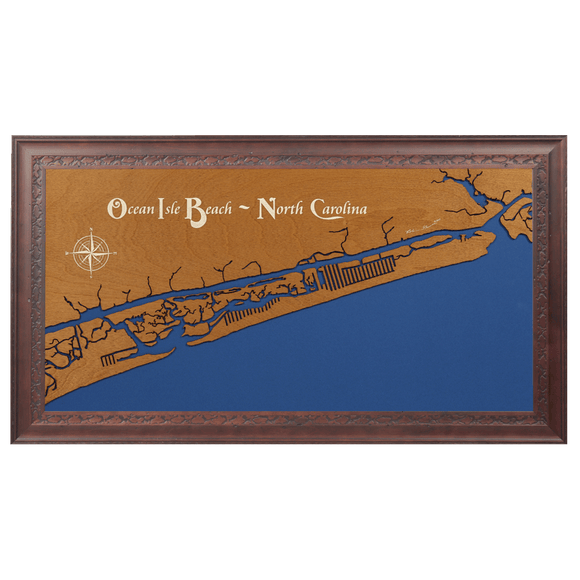 Ocean Isle Beach, North Carolina Stained Wood and Dark Walnut Frame Lake Map Silhouette