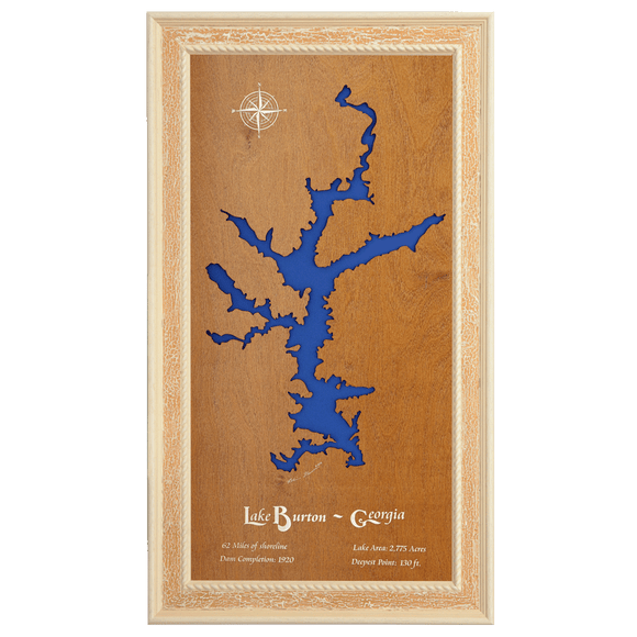 Lake Burton, Georgia Stained Wood and Distressed White Frame Lake Map Silhouette