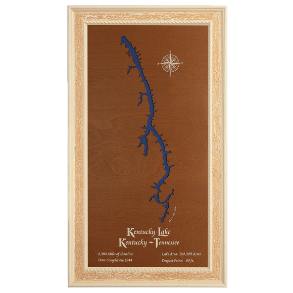 Kentucky Lake, Kentucky and Tennessee Stained Wood and Distressed White Frame Lake Map Silhouette
