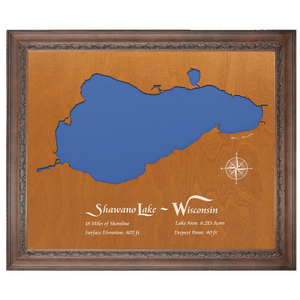 Shawano Lake, Wisconsin Stained Wood and Dark Walnut Frame Lake Map Silhouette