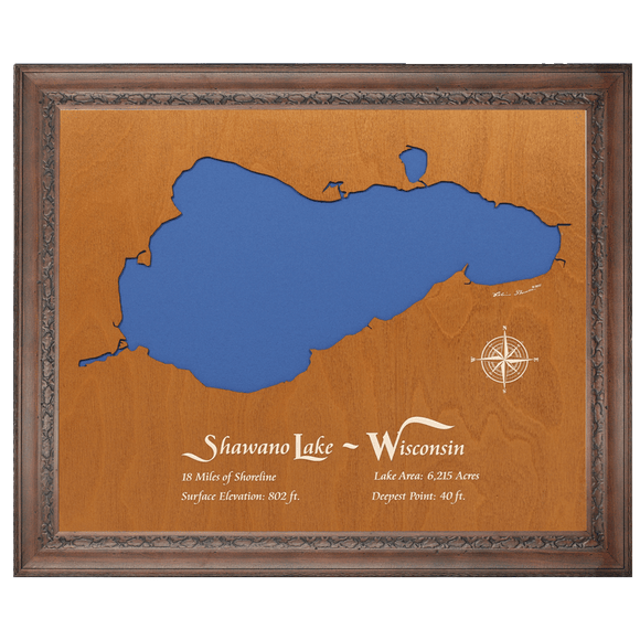Shawano Lake, Wisconsin Stained Wood and Dark Walnut Frame Lake Map Silhouette
