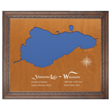 Shawano Lake, Wisconsin Stained Wood and Dark Walnut Frame Lake Map Silhouette