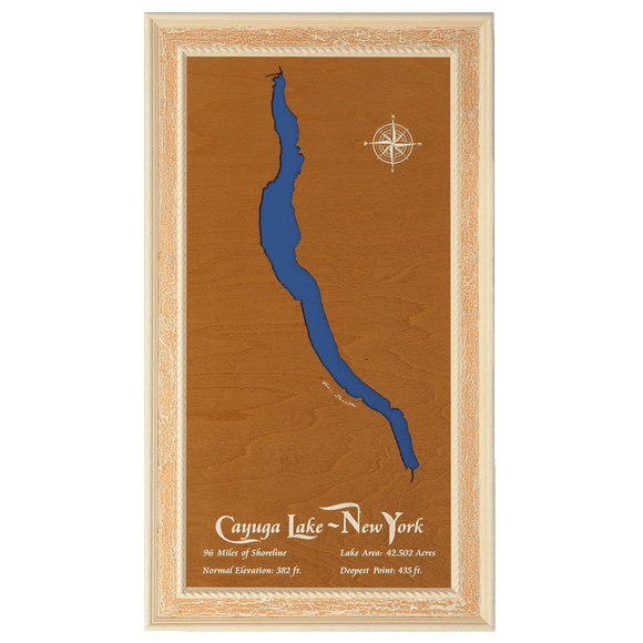 Cayuga Lake, New York Stained Wood and Distressed White Frame Lake Map Silhouette