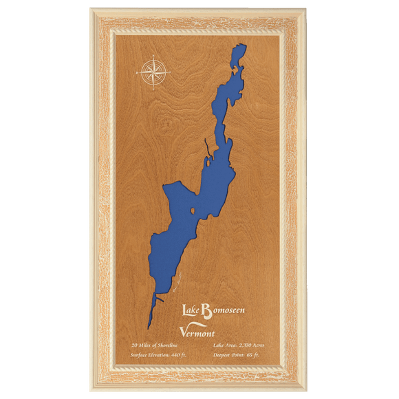 Lake Bomoseen, Vermont Stained Wood and Distressed White Frame Lake Map Silhouette
