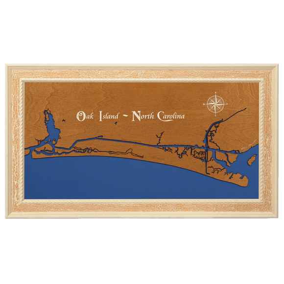 Oak Island, North Carolina Stained Wood and Distressed White Frame Lake Map Silhouette
