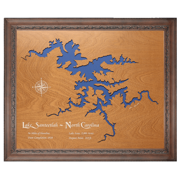 Lake Santeetlah, North Carolina Stained Wood and Dark Walnut Frame Lake Map Silhouette