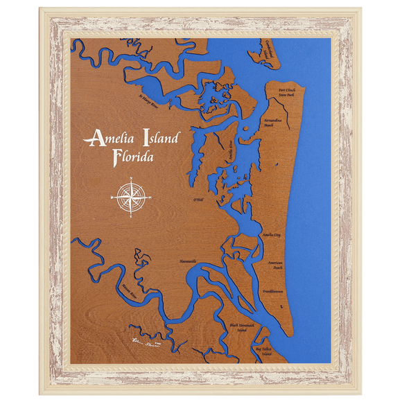 Amelia Island, Florida Stained Wood and Distressed White Frame Lake Map Silhouette
