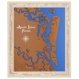 Amelia Island, Florida Stained Wood and Distressed White Frame Lake Map Silhouette