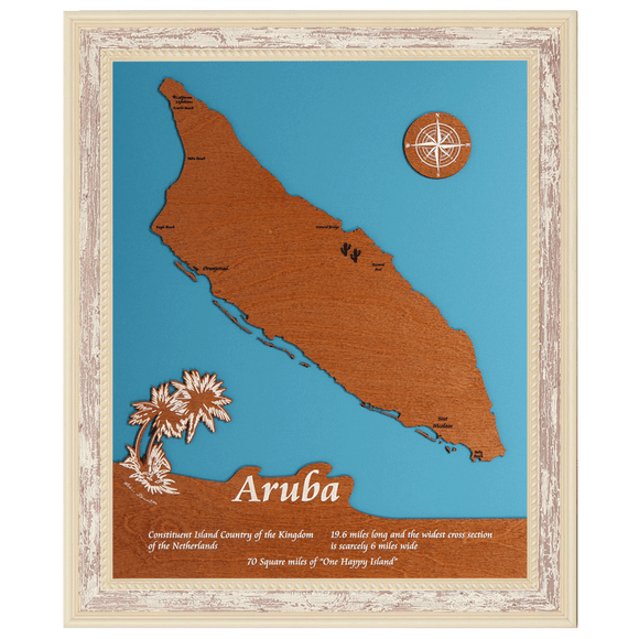 Aruba Island Stained Wood and Distressed White Frame Lake Map Silhouette