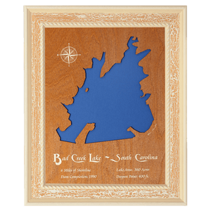 Bad Creek Lake, South Carolina Stained Wood and Distressed White Frame Lake Map Silhouette