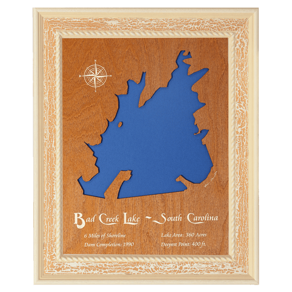 Bad Creek Lake, South Carolina Stained Wood and Distressed White Frame Lake Map Silhouette