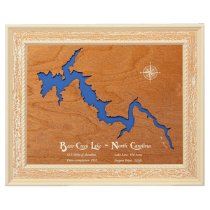 Bear Creek Lake, North Carolina Stained Wood and Distressed White Frame Lake Map Silhouette