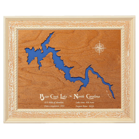 Bear Creek Lake, North Carolina Stained Wood and Distressed White Frame Lake Map Silhouette