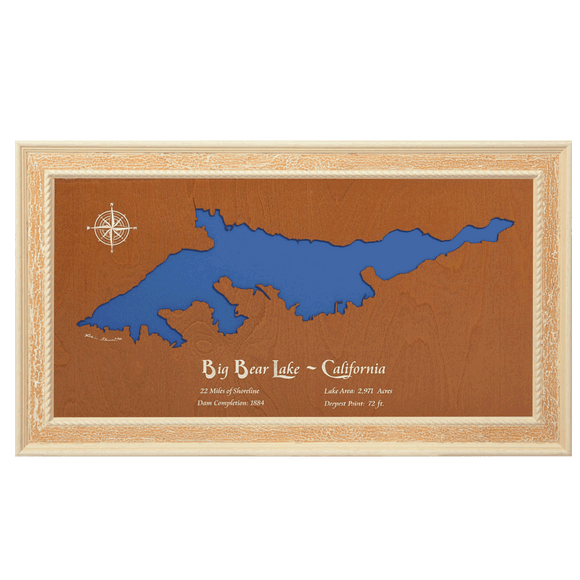 Big Bear Lake, California Stained Wood and Distressed White Frame Lake Map Silhouette