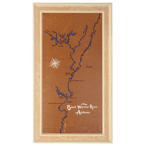 Black Warrior River, Alabama Stained Wood and Distressed White Frame Lake Map Silhouette