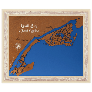 Bulls Bay, South Carolina Stained Wood and Distressed White Frame Lake Map Silhouette