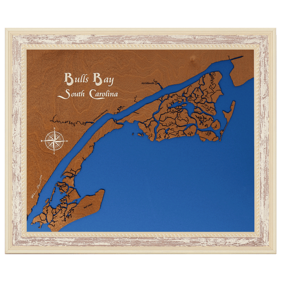 Bulls Bay, South Carolina Stained Wood and Distressed White Frame Lake Map Silhouette