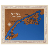 Bulls Bay, South Carolina Stained Wood and Distressed White Frame Lake Map Silhouette