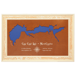 Cane Creek Lake, North Carolina Stained Wood and Distressed White Frame Lake Map Silhouette