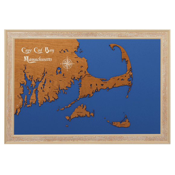 Cape Cod Bay, Massachusetts Stained Wood and Distressed White Frame Lake Map Silhouette