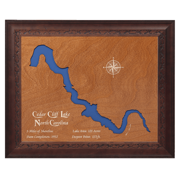 Cedar Cliff Lake, North Carolina Stained Wood and Dark Walnut Frame Lake Map Silhouette